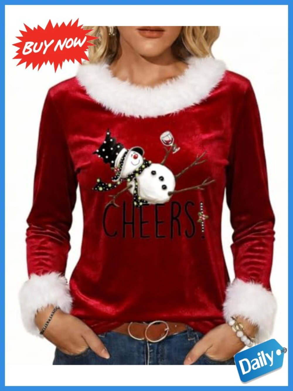 Faux Fur Trim Christmas Graphic Long Sleeve T-Shirt
